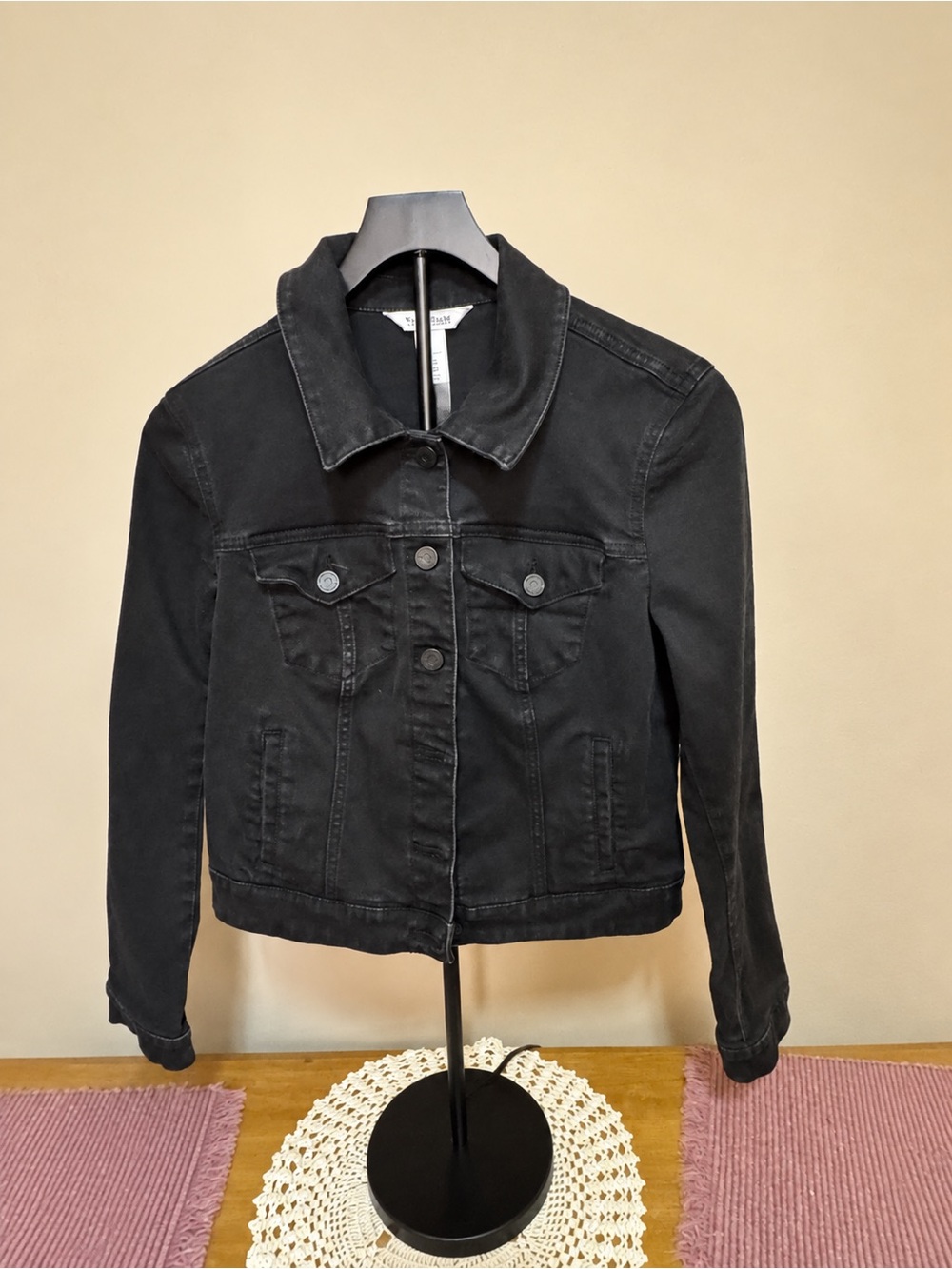 White House Black Market black coated denim jacket, women’s size 6.
